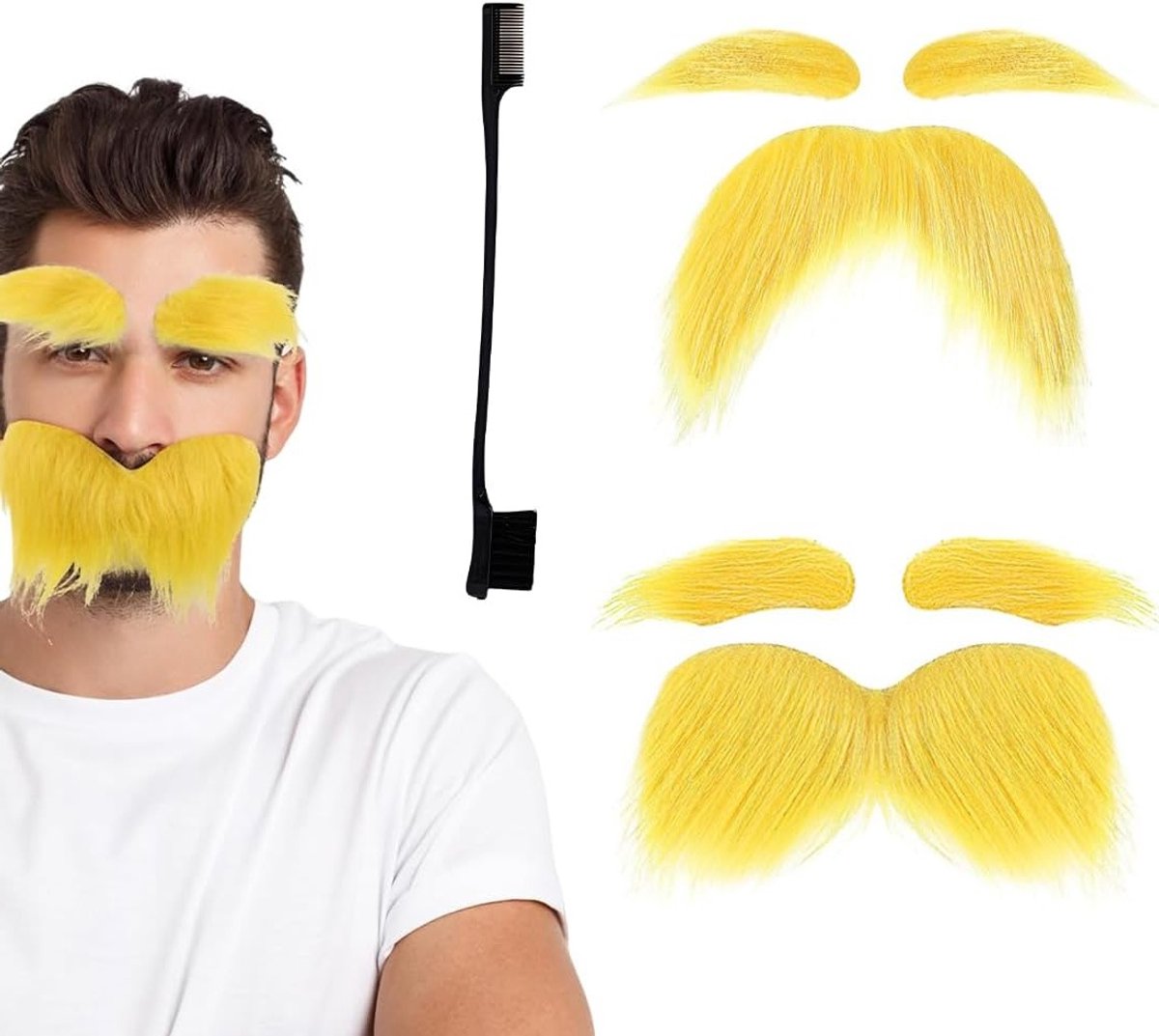 Geel Snor en Wenkbrauw Set voor Kostuum, Neppartij Snor voor Mannen en Vrouwen, Inclusief Borstels en Accessoires
