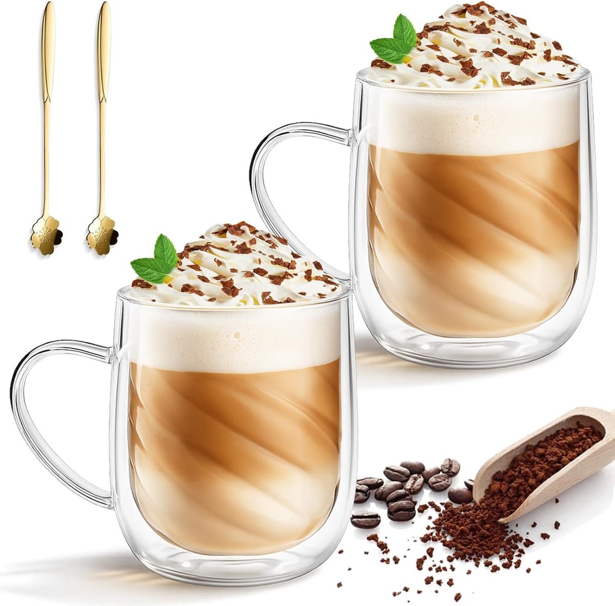 Dubbelwandige Glazen voor Latte Macchiato en Cappuccino, 400ml Thermische Glazen met Handvat en Lepels voor Koffie, Thee en Bier (2 stuks)