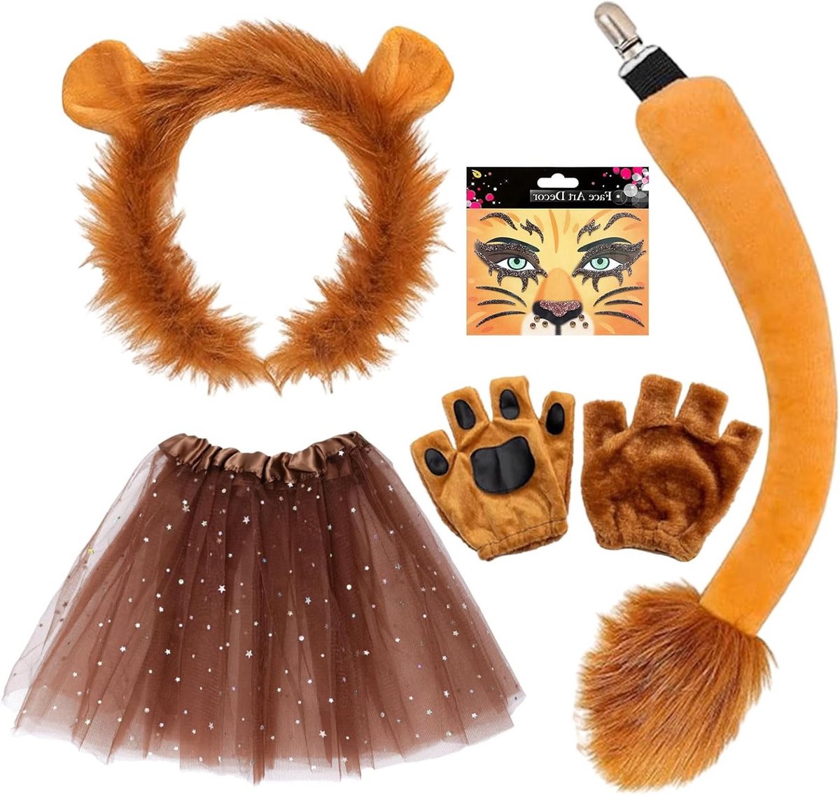 Kostuum voor Volwassenen en Kinderen - 5-delige Leeuwenset met Gezichtsverf, Oren, Hoofdband, Handschoenen, Staart en Tutu voor Dier Cosplay en Feestjes