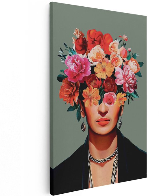 Artaza Canvas Schilderij Vrouw Frida Kahlo - 80x120 cm - Wanddecoratie Bloemen - Muurdecoratie Boho - Decoratie Kleurrijk Schilderij