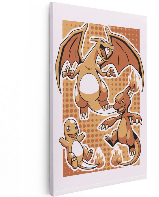 Canvas met de evolutie van Charizard: Charmander, Charmeleon en Charizard in cartoonstijl, met oranje stippen op de achtergrond.