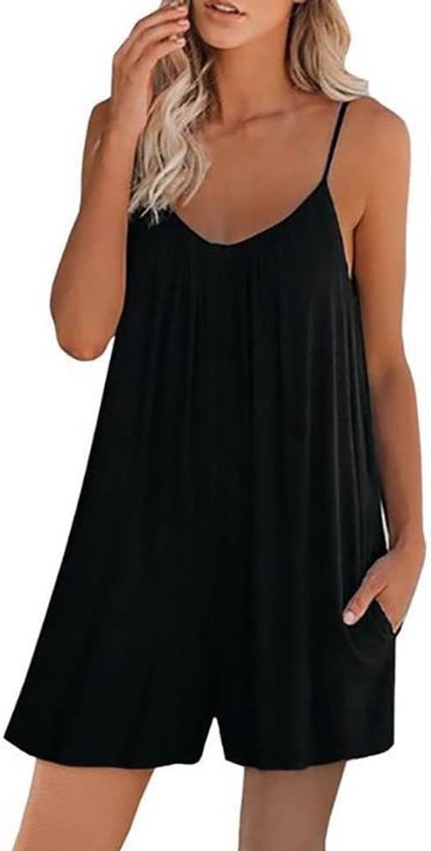 Zomerse Dungaree Jumpsuit voor Dames - Mouwloos, Losse Pasvorm, Casual Romper in Zwart, Maat L, Perfect voor Feestjes en Vrijetijdsbesteding