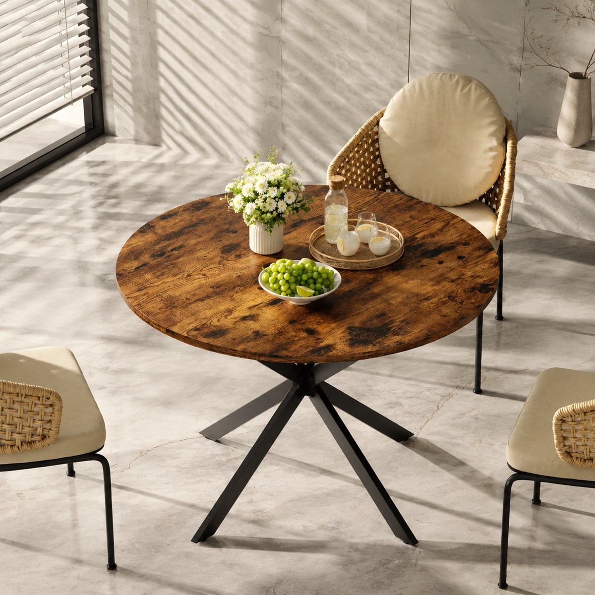 Ronde eettafel Industrieel - 120 x 120 x 78 cm - X-poot (Kruispoot) - Keukentafel voor Eetkamer & Thuiswerkplek - Bruin/Zwart
