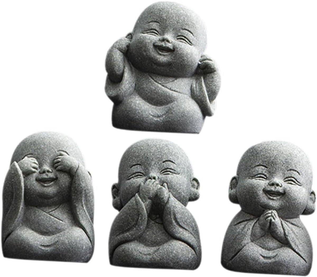 Miniatuur Boeddha Beelden - 4 Stuks Kleine Monnik Ornamenten voor Thuisdecoratie, Desk Statue en Interieurdecoratie in Steen Grijs