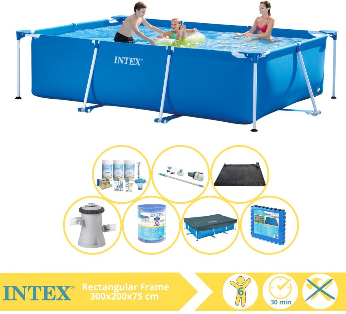 Intex Rectangular Frame Zwembad - Opzetzwembad - 300x200x75 cm - Inclusief Afdekzeil, Onderhoudspakket, Zwembadpomp, Filter, Stofzuiger, Solar Mat en Zwembadtegels
