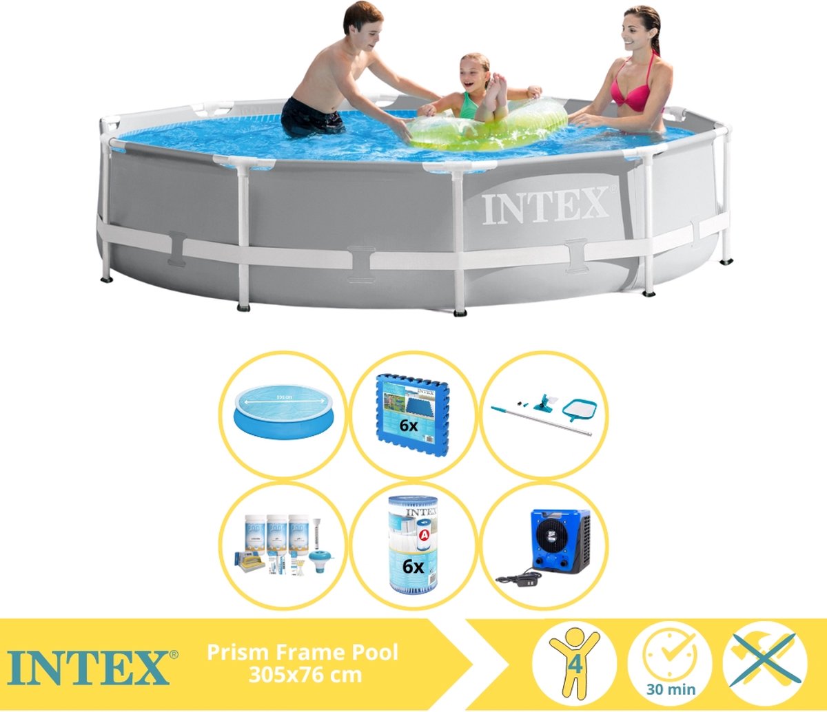 Intex Prism Frame Zwembad – Opzetzwembad – 305×76 cm – Inclusief Solarzeil, Onderhoudspakket, Filter, Onderhoudsset, Zwembadtegels en Warmtepomp HS