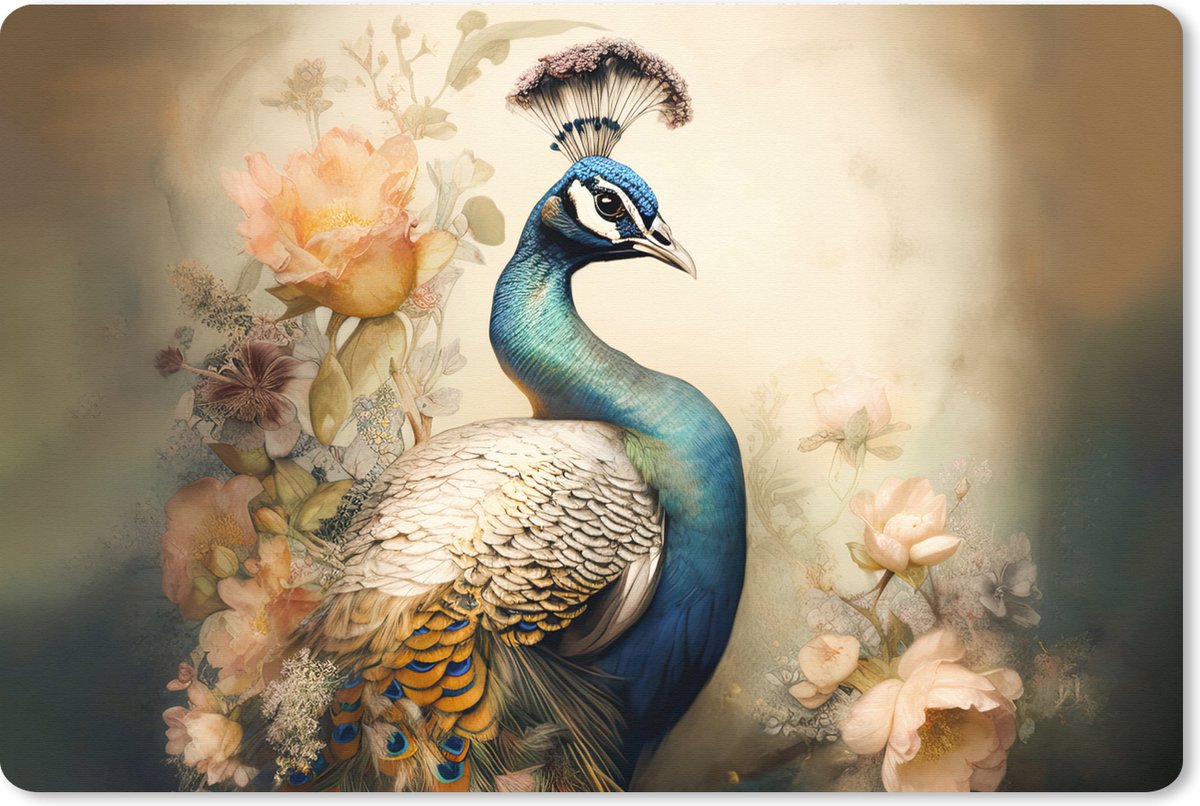 Muismat XXL 120x80 cm - Bureau onderlegger - Bureau mat Pauw - Pauwenveren - Bloemen - Vogels - Botanisch - Bureaumat - Gaming mousepad xl - Bureaulegger groot - Computer deskmat