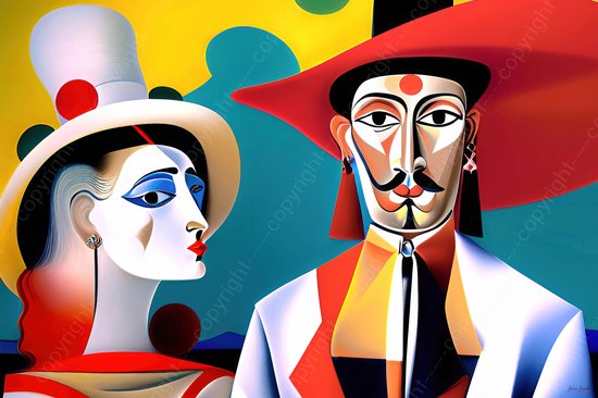 JJ-Art (Aluminium) 90x60 | Man en vrouw, Cuba Havana, Picasso / Salvador Dali stijl, kleurrijk, felle kleuren, abstract, kunst | hoed, gezicht, blauw, oranje, rood, wit, geel, modern | foto-schilderij op dibond, metaal wanddecoratie