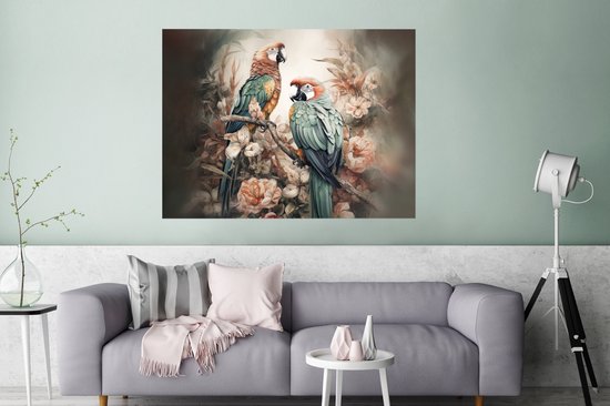 Poster Perroquets - Vogels - Nature - Fleurs - 120x90 cm
