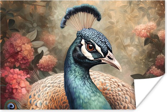 Affiche Paon - Vogel - Fleurs - Plantes - Plumes de Paon - 60x40 cm