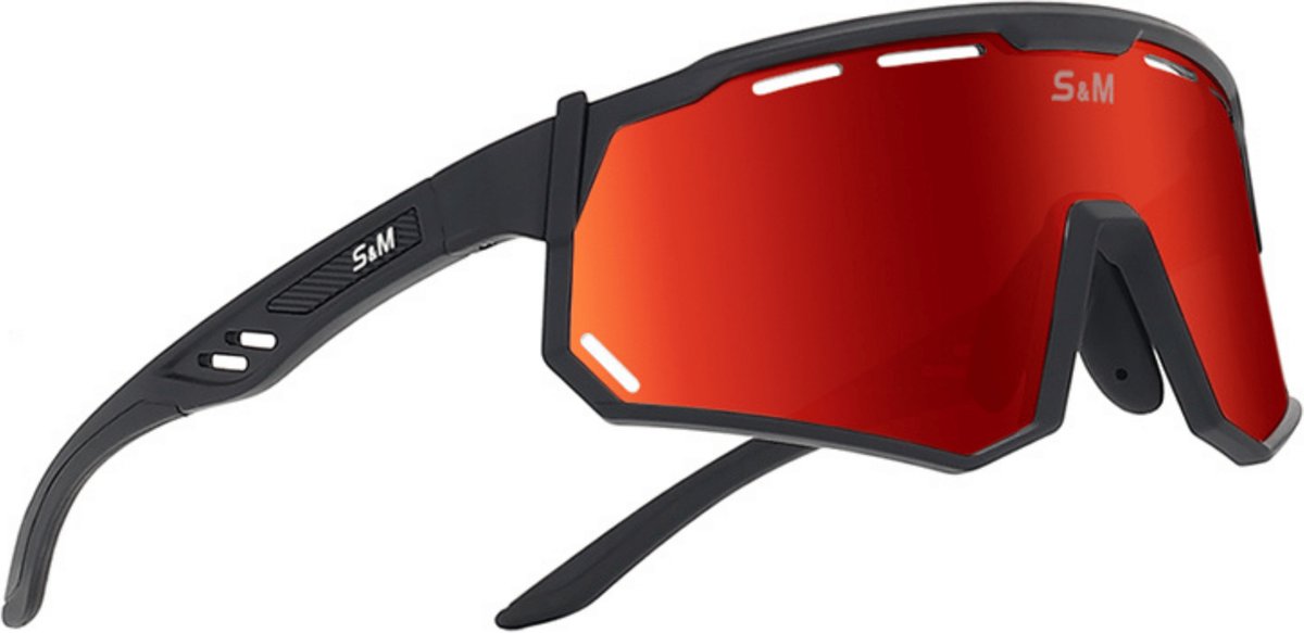 S&M PRO Sport Zonnebril - Polarized HD Sport Sunglasses - TR90 -TAC - UV 400 - COMPLETE SET - Fietsbril - Sportbril - Mountainbike - Hiken - Wandelen - Wintersport - Polariserend - Frame voor Zonnebril op Sterkte - Gepolariseerd - Heren - ZWART ROOD