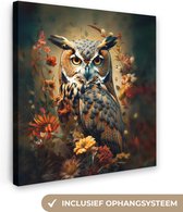 Canvas Schilderij Uil - Vogel - Bloemen - Planten - Botanisch - 50x50 cm - Wanddecoratie