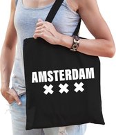 Katoenen Holland/wereldstad tasje Amsterdam zwart - 10 liter -  steden cadeautas