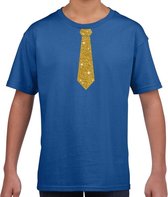 Stropdas goud glitter t-shirt blauw voor kinderen L (146-152)