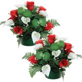 Louis Maes Kunstbloemen plantje in pot - 2x - wit/rood - 26 cm - Bloemstuk ornament - rozen met bladgroen