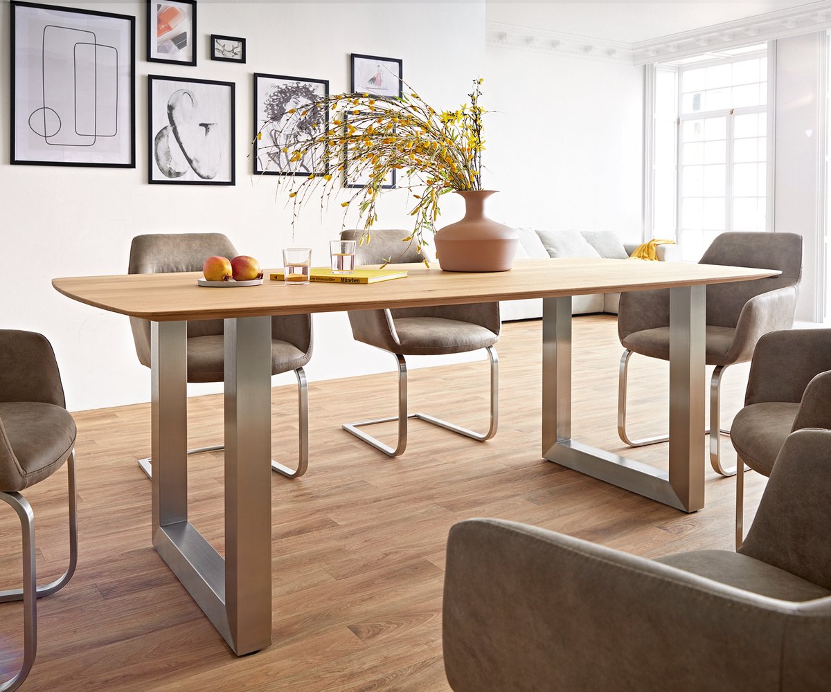 Eetkamertafel Edge Boot eiken natuur 200x100x2,5-3 roestvrij staal breed Zwitserse rand