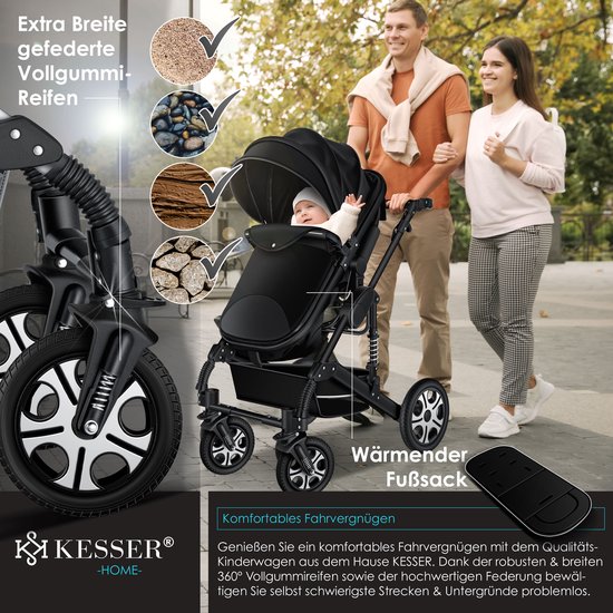 KESSER® Kinderwagen 3 in 1 Loops Wandelwagen Set incl. Autostoel & Reiswieg & Buggy Sportzitje - Massieve Rubberbanden - Luiertas / Regenhoes - Zwart van KESSER® — afbeelding 2