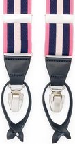 Hein Strijker Roze met blauw gestreepte bretels met luxe leren afwerking in de kleur donkerblauw