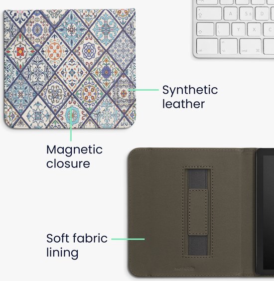 kwmobile e-reader hoesje geschikt voor Kobo Libra 2 hoes - E reader flip case met magneetsluiting - Ereader cover - Marokkaanse Tegels Bont design in blauw / oranje / wit van Merkloos — afbeelding 4