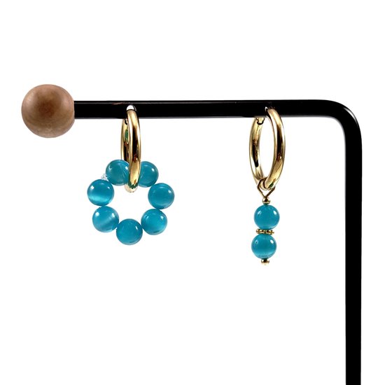 ∅19mm Oorringen Dames - Natuurlijke Kattenoog Steen Turquoise - Verguld RVS - Oorbellen met Kralen Hangers