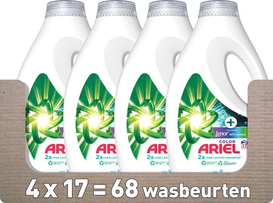 Ariel Vloeibaar Wasmiddel +Touch Van Lenor Unstoppables - Kleur - 4 x 17 Wasbeurten - Voordeelverpakking