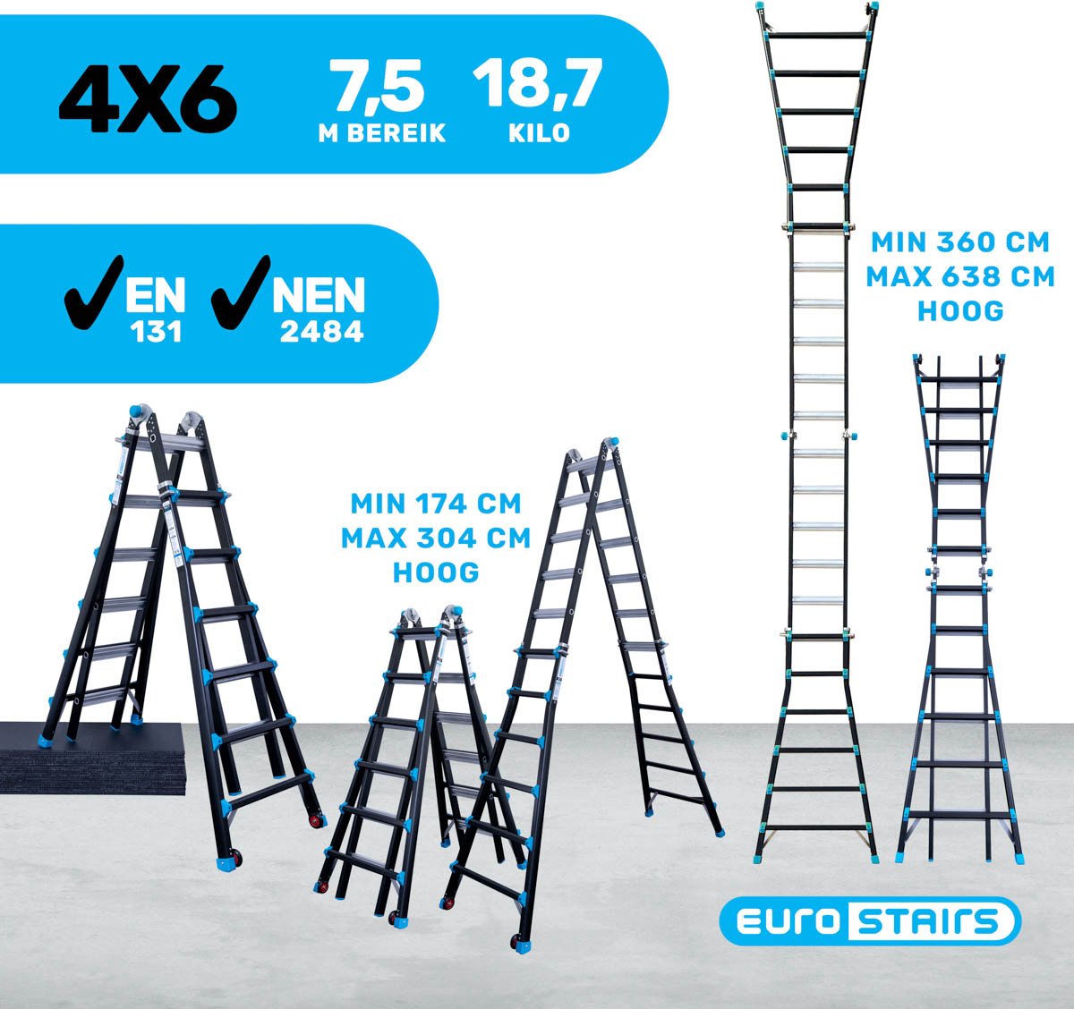Eurostairs professionele Vouwladder – Uitschuifbare Multiladder 4x6 sporten (24 treden) – 7,50 meter werkhoogte – foto 6