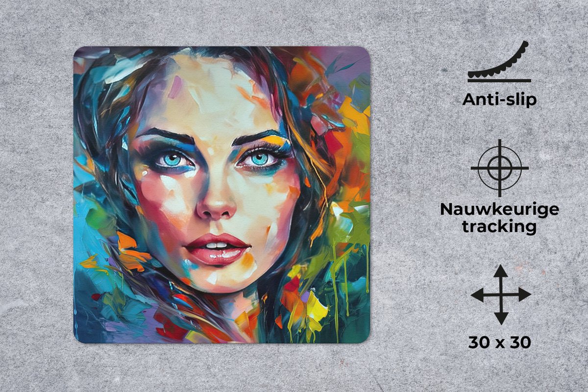 Muismat 30x30 cm - Mousepad Gezicht - Vrouw - Olieverf - Kleurrijk - Kunst - Muismatten