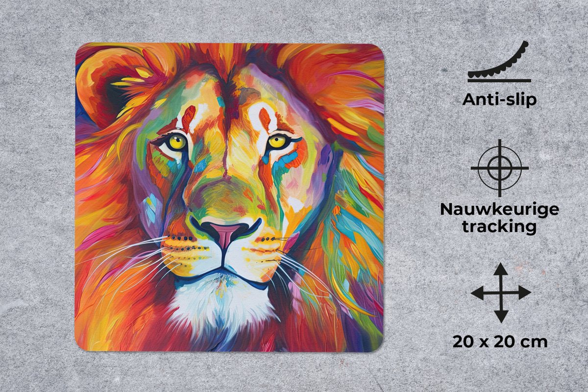 Muismat 20x20 cm - Mousepad Leeuw - Dieren - Olieverf - Regenboog - Muismatten