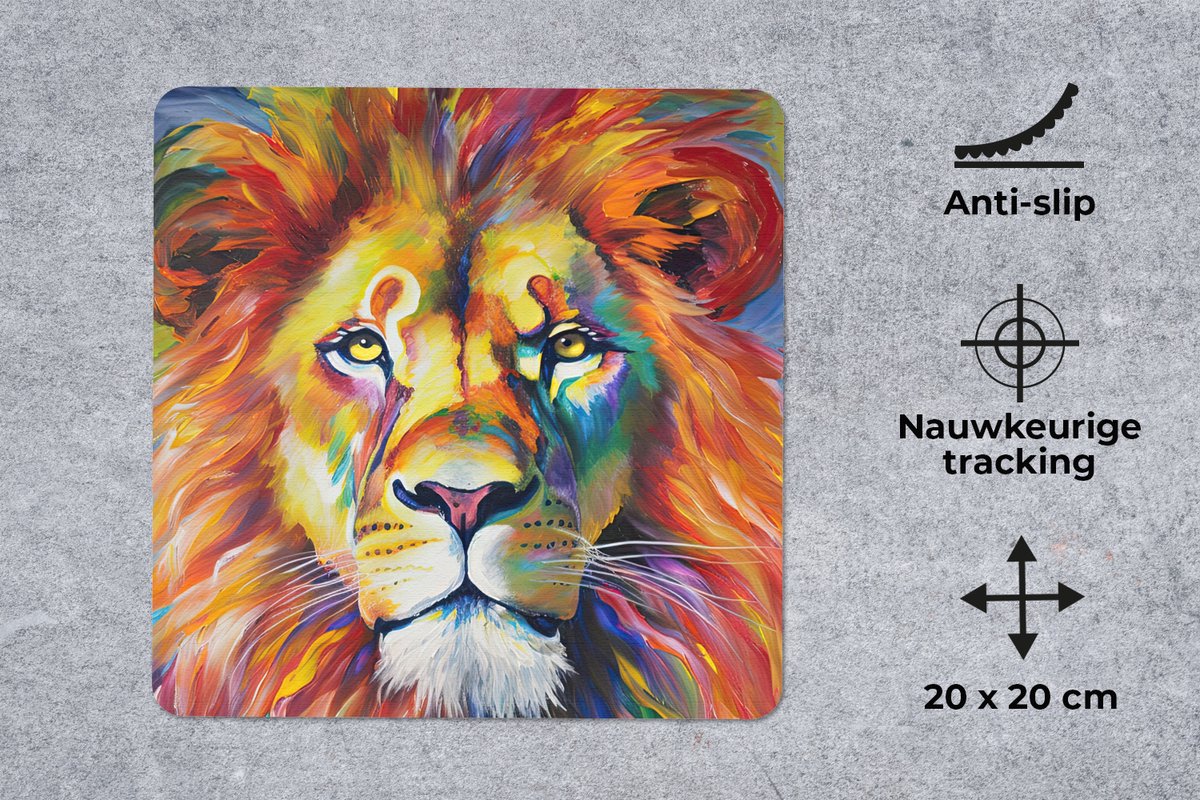 Muismat 20x20 cm - Mousepad Leeuw - Olieverf - Kunst - Dieren - Muismatten