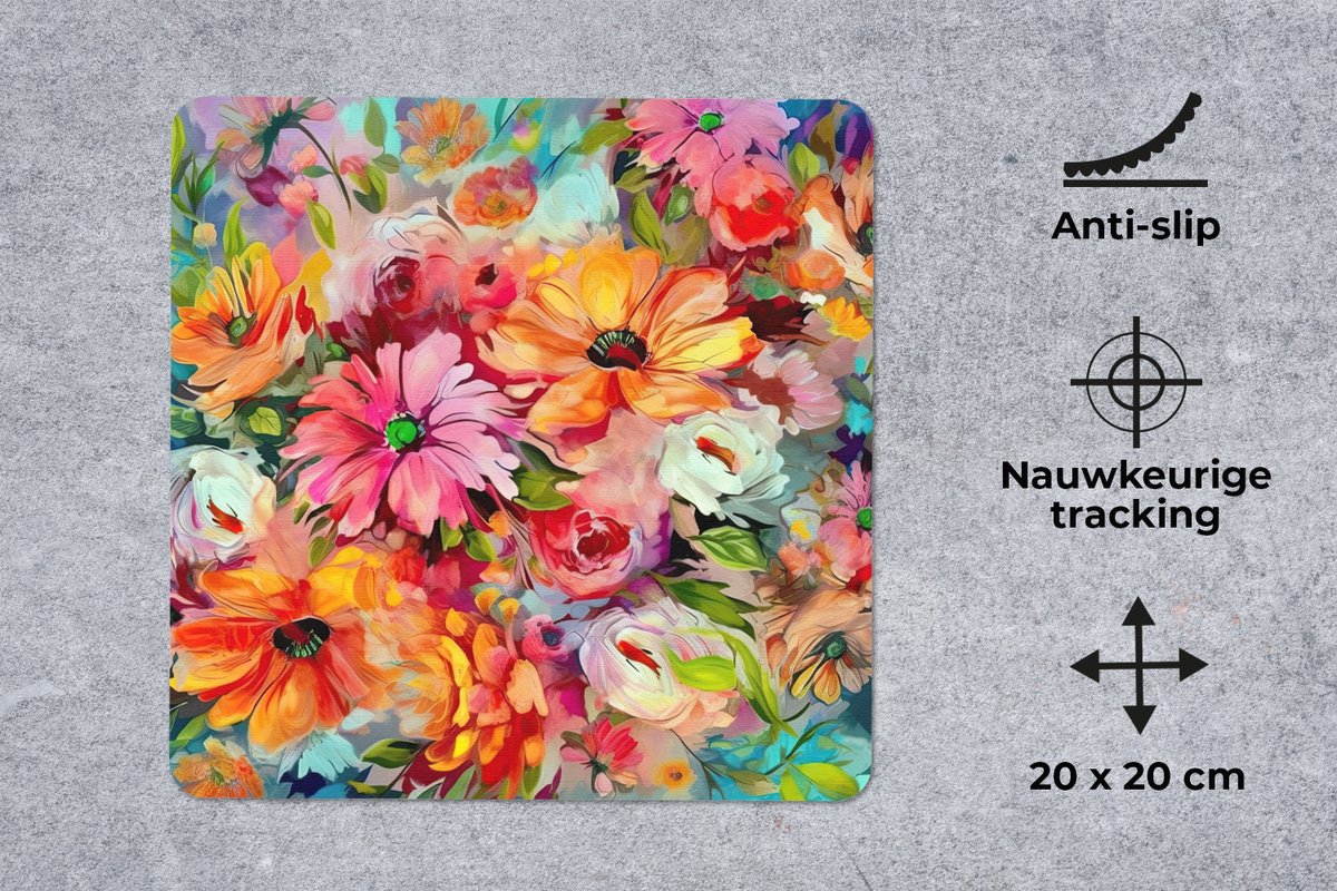 Muismat 20x20 cm - Mousepad Bloemen - Kleurrijk - Kunst - Olieverf - Muismatten