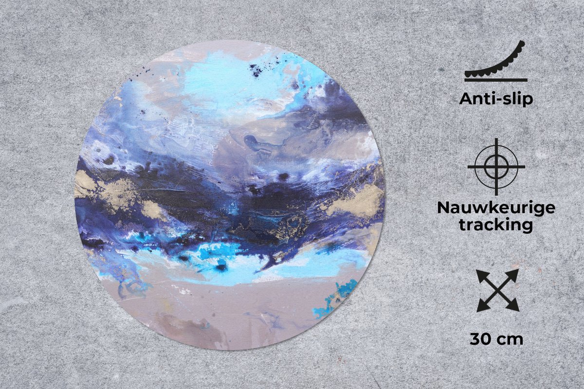 Muismat rond 30x30 cm - Mousepad Blauw - Grijs - Kunst - Abstract - Verf - Ronde muismatten
