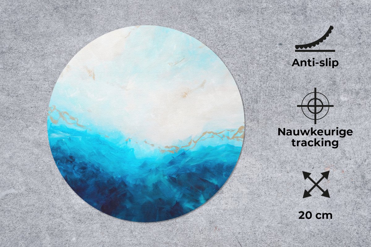 Muismat rond 20x20 cm - Mousepad Verf - Zee - Blauw - Abstract - Goud - Ronde muismatten