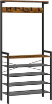 Porte-manteau, porte-manteau avec rangement pour chaussures, arbre de couloir industriel, grand support de couloir, 5 crochets amovibles, étagère supérieure en bois, étagère de rangement d'entrée, cadre en métal, marron rustique E