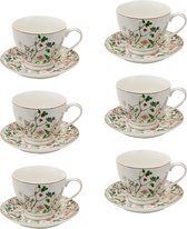 HAES DECO - Tasse et Soucoupe set de 6 - contenance 200 ml - coloris Wit / Vert - Porcelaine Imprimée Fleurs - Service à thé, Service à café, Tasses à thé, Tasses à café, Cappuccino