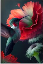 Poster (Mat) - Close-up van Kolibrie Vliegend bij Rode Bloeiende Bloemen - 60x90 cm Foto op Posterpapier met een Matte look