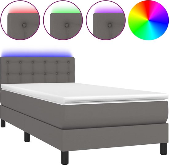 vidaXL - Boxspring - met - matras - en - LED - kunstleer - grijs - 100x200 - cm