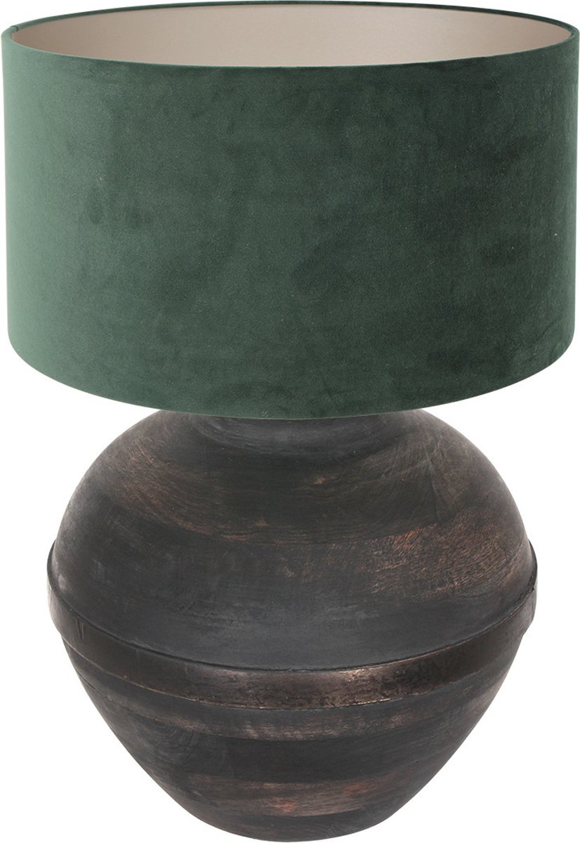 Bolvormige houten tafellamp Lyons met kap | 1 lichts | groen / zwart | hout / stof | Ø 40 cm | 57 cm hoog | dimbaar | modern / sfeervol design