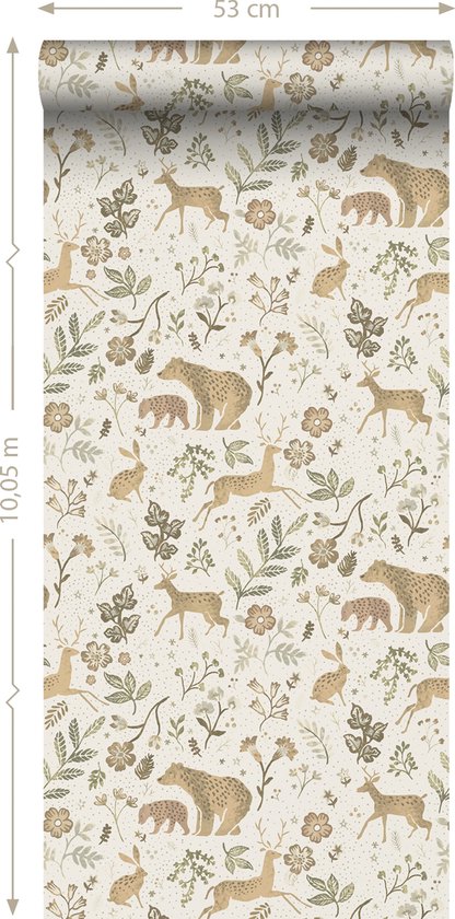 ESTAhome papier peint forêt avec animaux de la forêt blanc cassé et beige - 139525 - 53 cm x 10,05 m