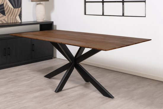 Floor vergadertafel van 220 x 100 cm met rechthoekig Mango houten blad met facetrand aan onderzijde. Bladkleur bruin glad afgewerkt. Onderstel is een spinpoot in de kleur zwart.