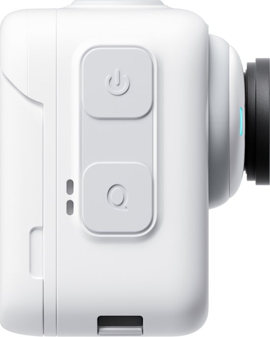 Witte Insta360 GO 3 actioncam, zijaanzicht met aan/uit knoppen en indicatielampje.