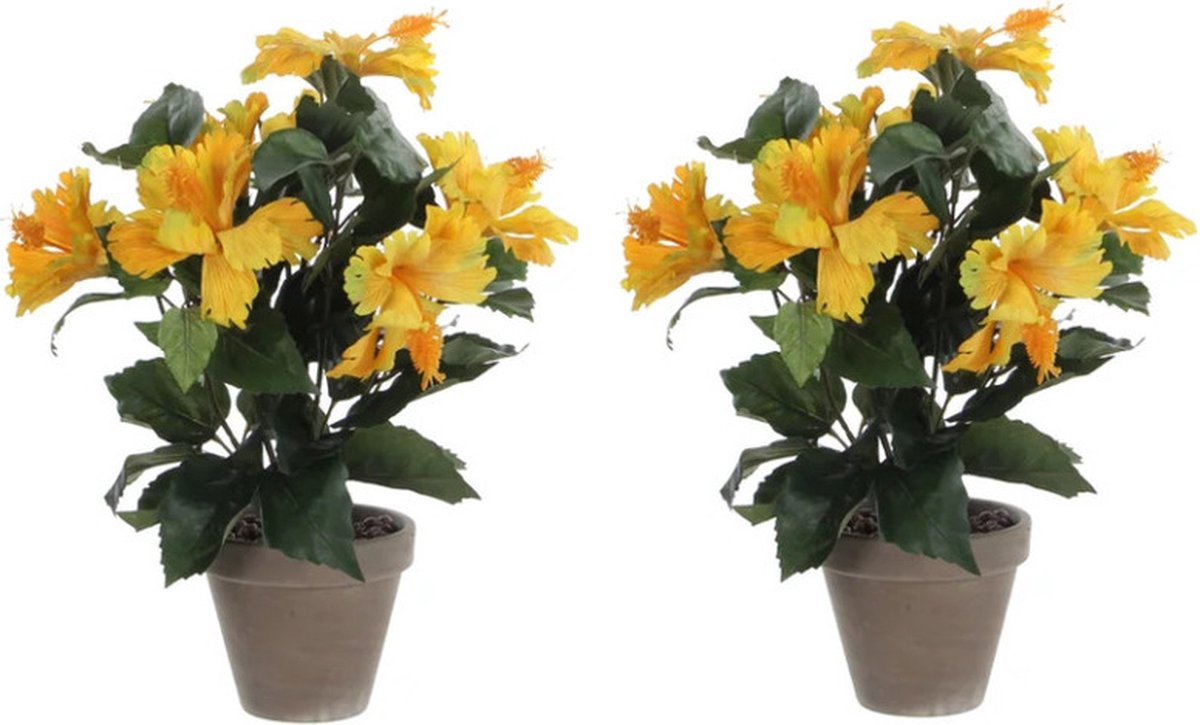 Mica Decorations Kunstplant Hibiscus - 2x stuks - geel - H40 x D30 cm - grijze pot - Kunstplanten/nepplanten met bloemen