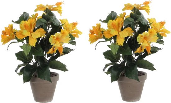 2x stuks hibiscus kunstplanten geel in keramieken pot H40 x D30 cm cm - Kunstplanten/nepplanten met bloemen