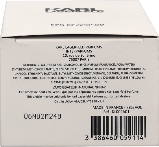 Côté de la boîte Karl Lagerfeld Eau de Parfum avec ingrédients et code-barres.