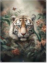Muurdecoratie buiten Tijger - Vlinders - Dieren - Jungle - Bloemen - 120x160 cm - Tuindoek - Buitenposter