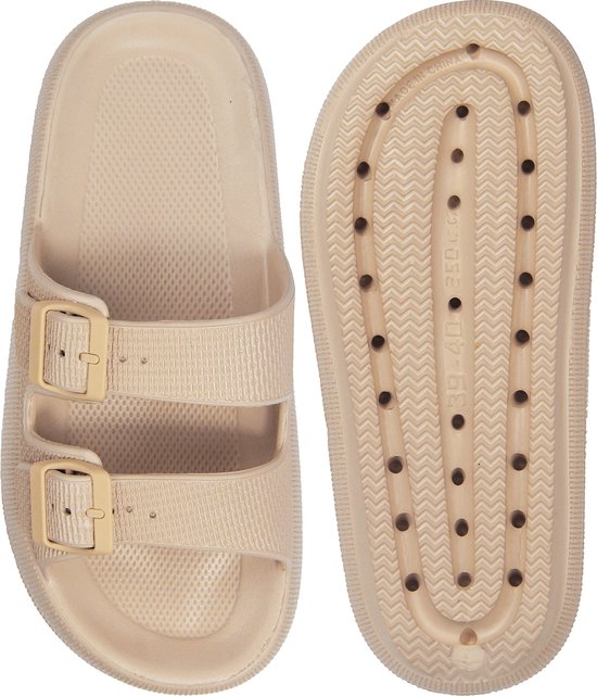 Lichtbruine EVA slipper met gespen, de onderkant van de zool.