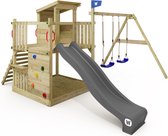 WICKEY speeltoestel klimtoestel Smart Cabin met schommel & antraciet glijbaan, outdoor klimtoren voor kinderen met zandbak, ladder & speelaccessoires voor de tuin