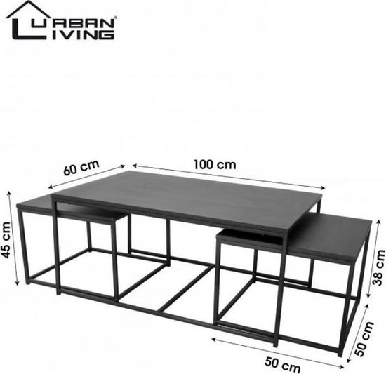Dimensions de l'ensemble de tables basses noires : 1x 100x60x45 cm, 2x 50x50x38 cm.