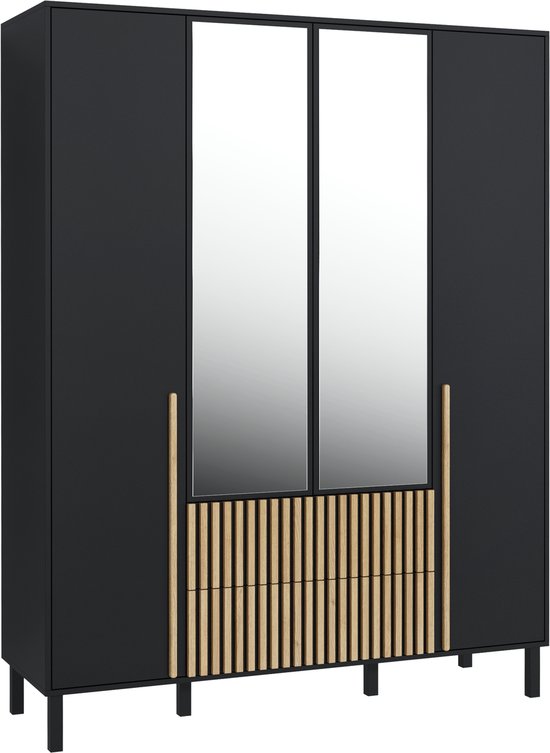 Pro-meubels - Kledingkast Alvin 4 - Zwart mat - 160cm - Met spiegel - Kast - Garderobekast - Opbergkast - Slaapkamer