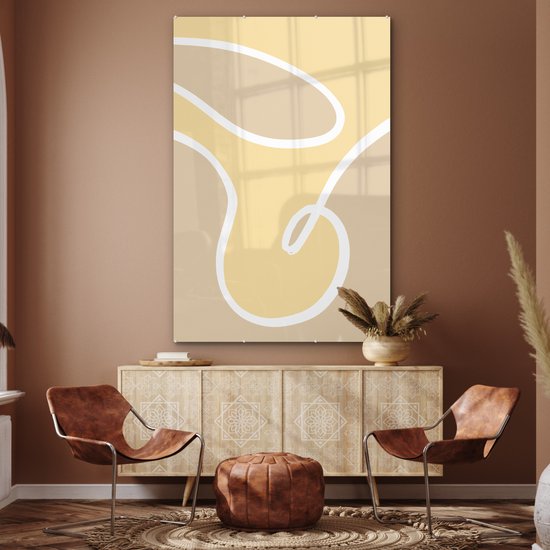 MuchoWow® Peinture sur verre 100x150 cm - Peinture sur verre acrylique - Abstrait - Formes - Jaune - Wit - Photo sur verre - Peintures