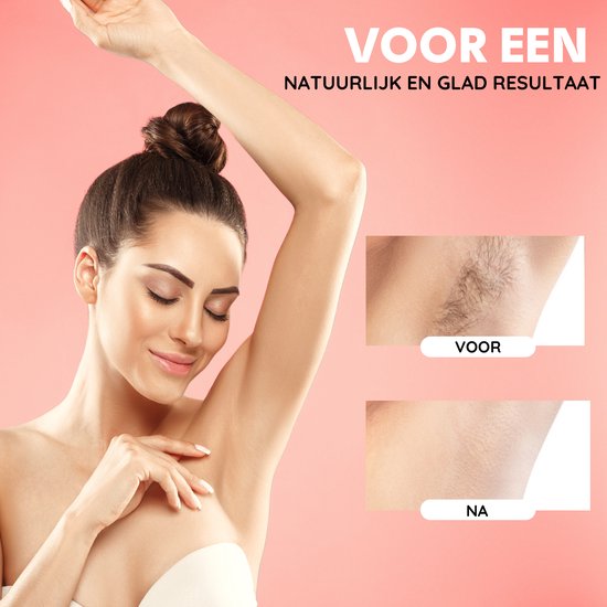 Vrouw met opgestoken haar, op de arm onder de oksel, met 'voor' en 'na' foto's van de oksels.